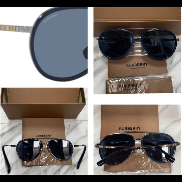 BURBERRY UNISEX GUNMETAL DARK BLUE PILOT AVIATOR LOGO SUNGLASSES - Picture 5 of 14